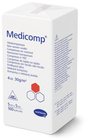 Kompresy chłonne włókninowe niejałowe Medicomp, 5x5cm, 100 sztuk, REF: 421821